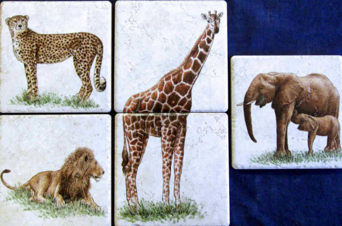 African wildlife portrait accent tiles. giraffe, cheetah, male lion, mother elephant with calf.