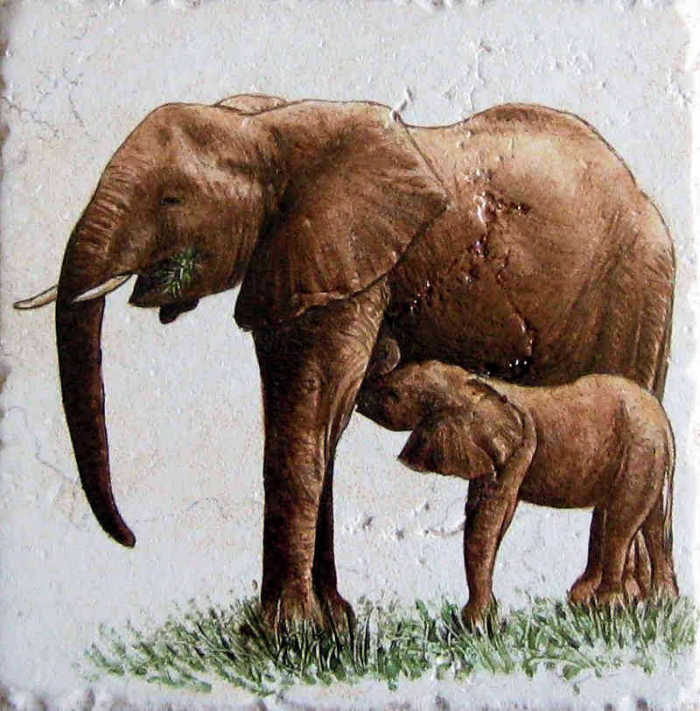African wildlife portrait accent tiles. mother elephant with calf, by Julia Sweda.
