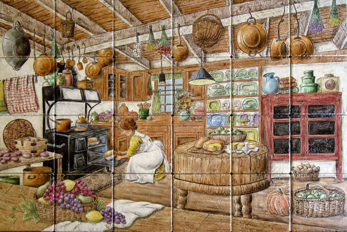 Lannys Victorian Era Kitchen Americana, woman cooking and baking at wood fired stove. Backsplash tile mural by artist Julia Sweda.
