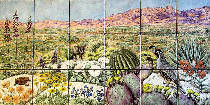 Santa Rita Mountains Desert View tile mural, with variety of native cactus, flora, wildlife and mountains.