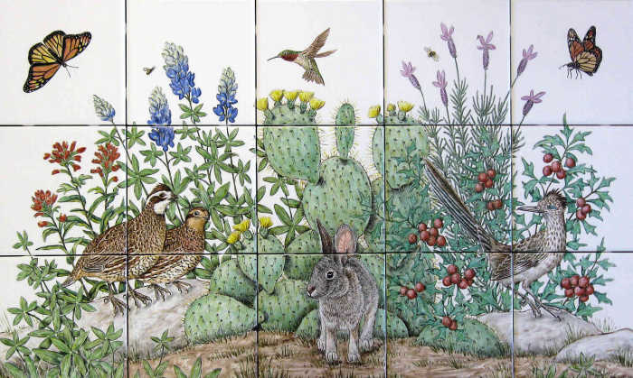 Texas Hill Country Garden kitchen tile mural. Critters, insects, cactus and plants in garden setting.