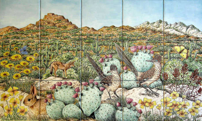Red Mountain and Four Peaks in Arizona tile mural. Roadrunners, other wildlife in desert scenery.