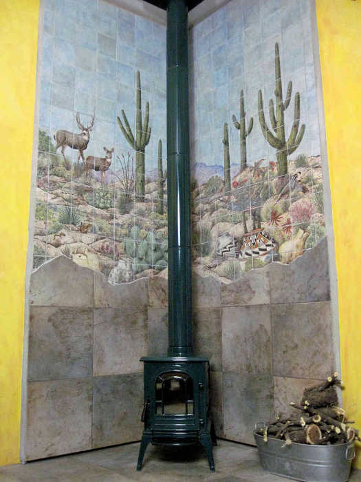 Woodstove wall tile mural featuring pottery relics, hieroglyphics, in Sonoran desert wildlife scene.