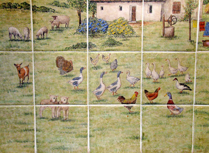 European Style Country Kitchen. Geese, turkey, ducks, chickens roaming the property. Painted by Julia Sweda.