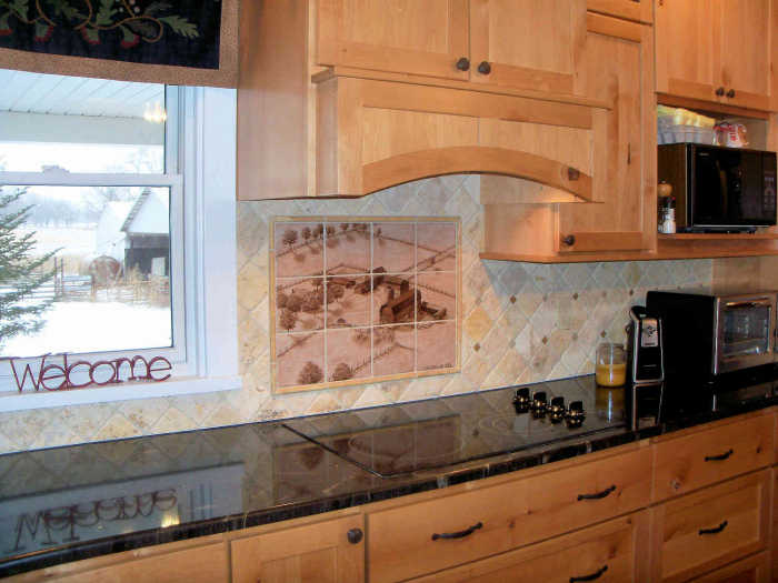 Concord Michigan Farmstead in 1953, custom portrait tile mural, kitchen decor view showing cabinets, granite counter top.