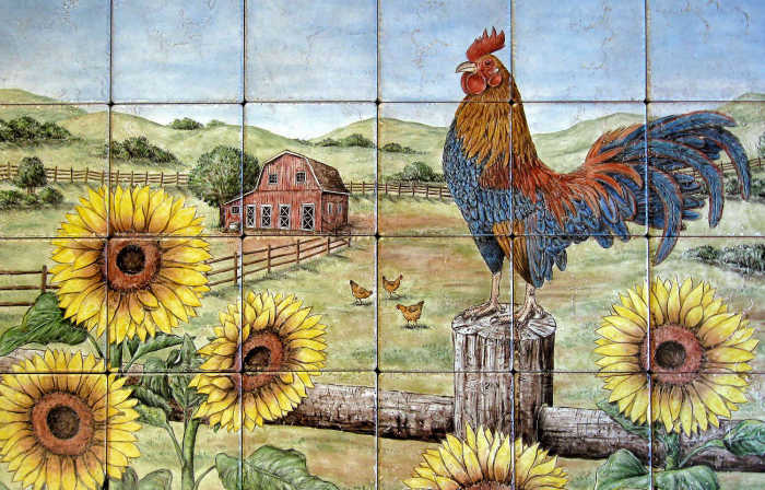Farm Rooster tile mural, California farm featuring its proud, king of the farm rooster.