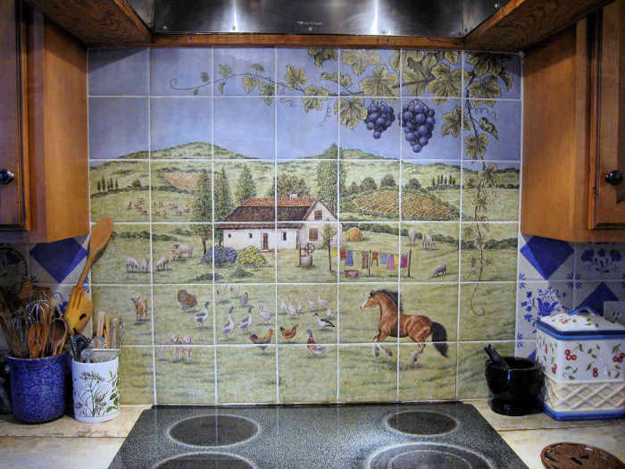 Hungarian European Farm Homestead backsplash tile mural. Cottage home with livestock, barnyard birds, large garden.