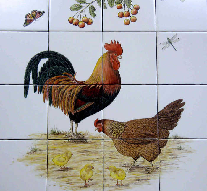 Roosters Hens Chicks kitchen backsplash tiles, Welsummer, Hamburg chicken breeds.