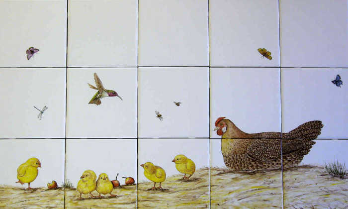 Marilyns Roosters Hens Chicks kitchen backsplash tiles, closeup of Hamburg hen and her chicks. Artist Julia Sweda.