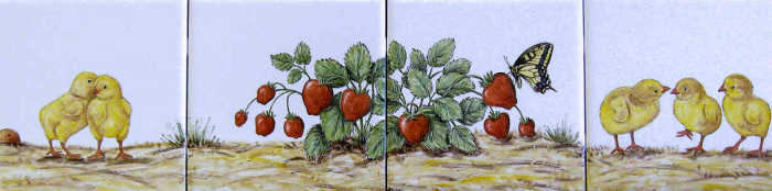 Marilyns Roosters Hens Chicks kitchen backsplash tiles, closeup of chicks, accent tiles. Artist Julia Sweda.