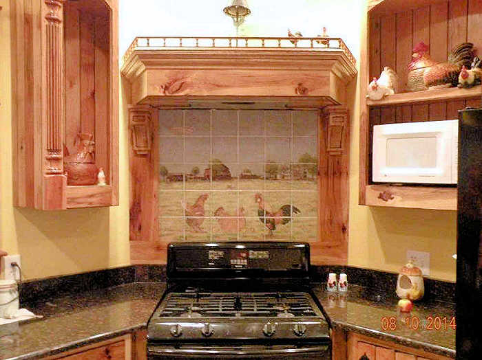 Illinois Old Farmstead backsplash tile mural. Tile painting installed in the kitchen as a backsplash.