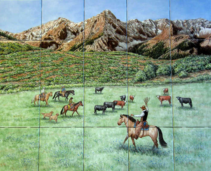 San Juan Mountains Roundup painted tile mural. Cowboys cattle roundup in grassland near the mountains.