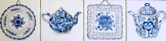 Bettes Yellow Daffodils and Blueware, closeup of the blue ware accent tiles, hand painted by Julia Sweda.