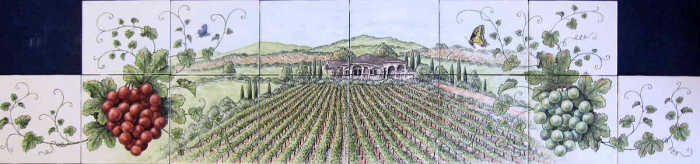 Beverlys Grapevines Garden tile mural 3, with vineyard, winery, grapevines with clusters of red and green grapes vignettes. Artist Julia Sweda.
