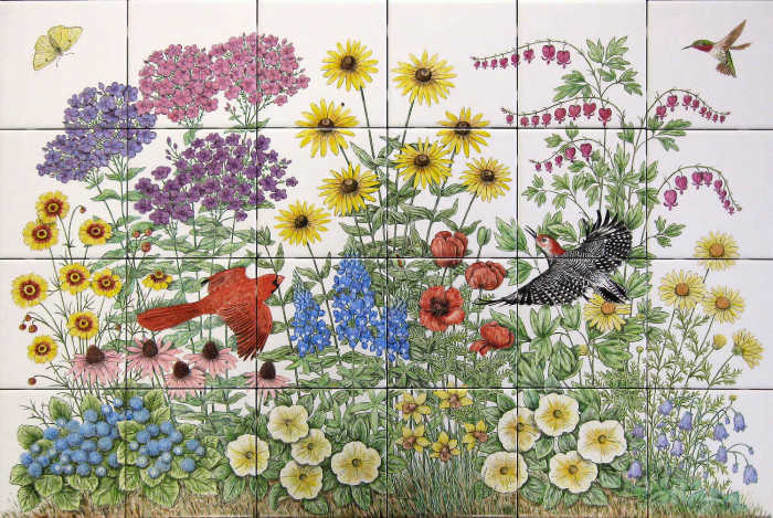 Features Red-bellied woodpecker, male Northern cardinal, large variety of mostly Texas wildflowers.