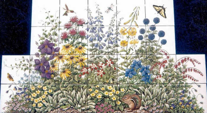 Joyces Floral Garden backsplash tile mural, emphasis on reds, yellows and blues in the painting. Artist Julia Sweda.