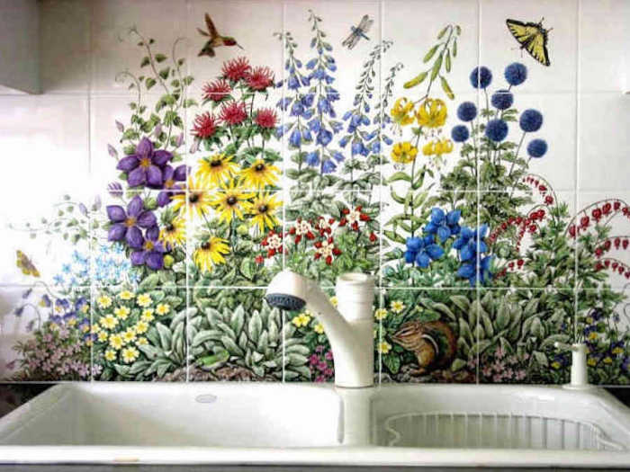Floral garden with Eastern chipmunk, hummingbird and loads of beautiful, colorful flowers.