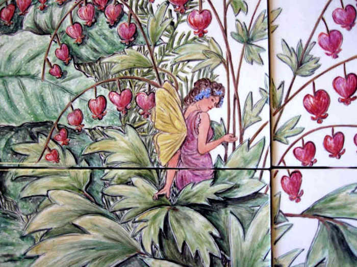 Tile art floral garden setting of beautiful women fairies based on art and style of artist Alphonse Mucha.