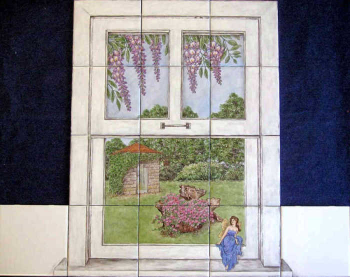 Julies Fairies Floral Garden tile mural 2, trompe loeil window view looking into garden with fairy sitting on sill. Artist Julia Sweda.