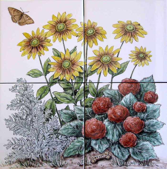 Priscillas Flower Garden vignette 1, rudbeckia, begonias and a biscuit with name tribute to Kelde the family dog. Hand painted tile art by Julia Sweda.