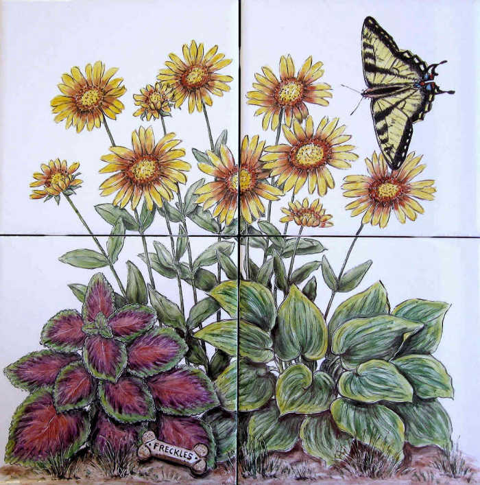 Priscillas Flower Garden vignette 2, coreopsis, coleus, hosta and a biscuit with name tribute to Freckles the family dog. Hand painted tile art by Julia Sweda.