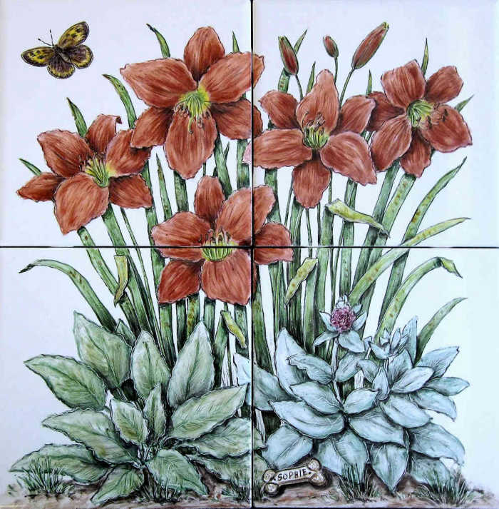 Priscillas Flower Garden vignette 3, lambs ear, coleus and daylily and a biscuit with name tribute to Sophie the family dog. Hand painted tile art by Julia Sweda.
