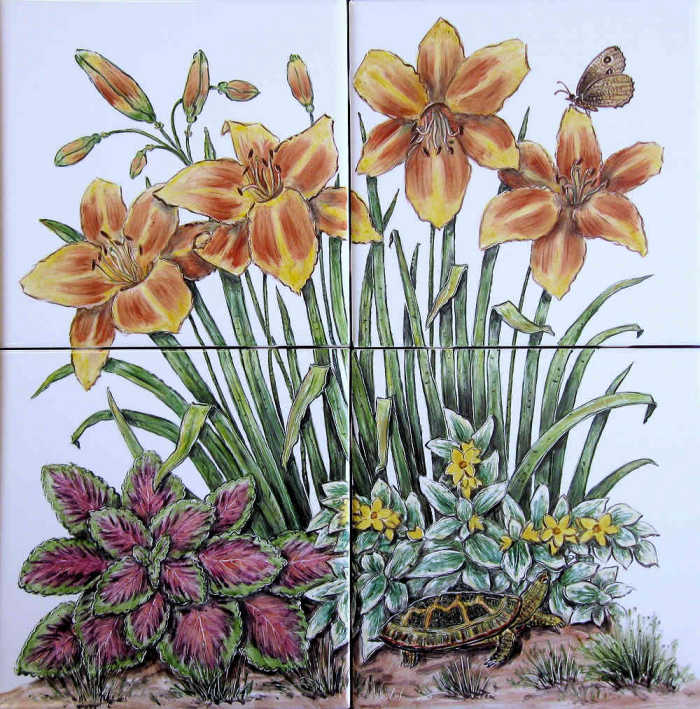 Priscillas Flower Garden vignette 5, daylilies, coleus and painted turtle. Hand painted tile art by Julia Sweda.