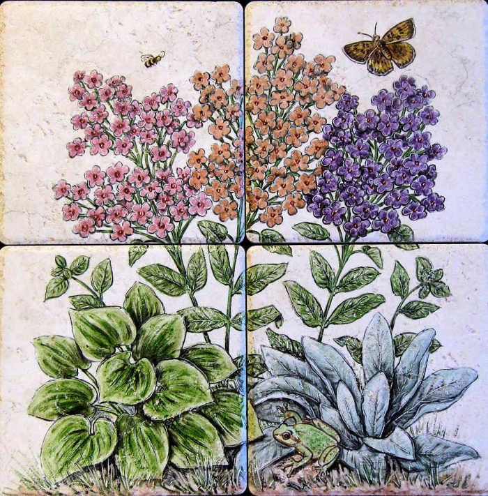 Debbie and Roccos Flower Garden tile mural, four tile panel portrait of tree frog in among lambs ear, phlox, and hosta. Artist by Julia Sweda.