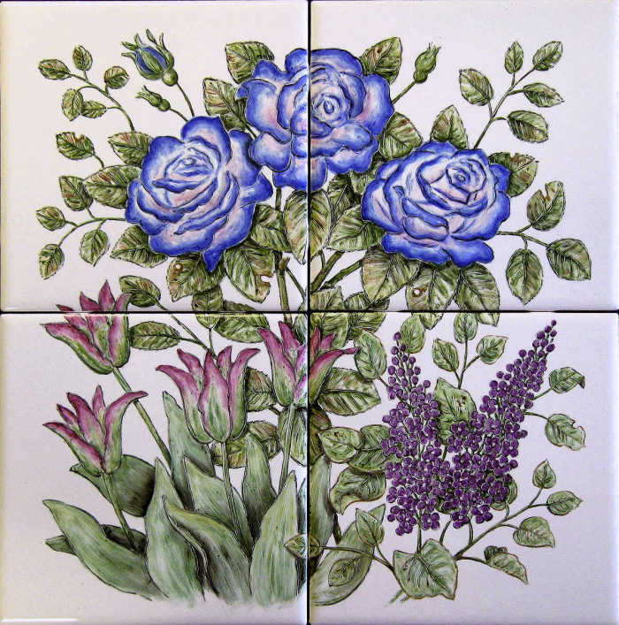 Accent tile panel with portraits of blue rose, lilac and tulip. Artist Julia Sweda.