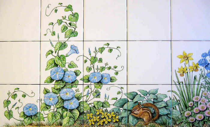 Skippers Floral Garden wall tiles mural, Eastern chipmunk hides in hosta and daffodil Narcissus Tete-a-Tete. Hand painted tiles by Julia Sweda.