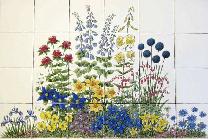 Floral garden with abundant garden flowers featuring intense blues and yellows, kitchen tile mural.