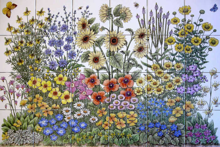 Judys California Wildflower Garden painted tile mural. Large variety of blue and yellow native California wildflowers in garden setting.