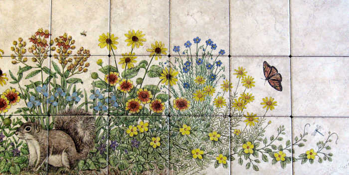 Mandevilla, common spiderwort, honey comb head, sweet violet in right side of painting. Artist Julia Sweda.