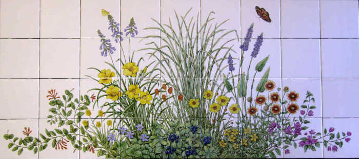 Tile mural 1 with lyreleaf sage, lemon grass, pickerel-weed, Stella d'Oro daylily , orange milkwort, Leavenworth's tickseed. Artist Julia Sweda.