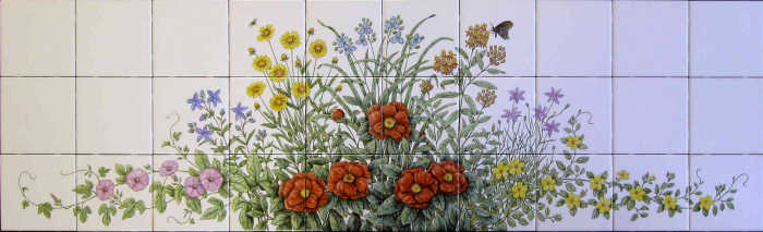 Tile mural 2 with coreopsis (tickseed), common spiderwork, tropical milkweed, sky-flower, red camelia. Artist Julia Sweda.