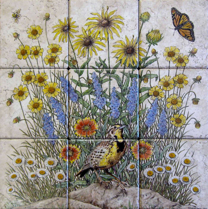 Susans Meadowlark Wildflowers decorative tile backsplash with Meadowlark portrait and large variety of wildflowers.