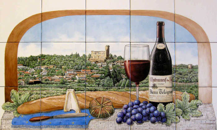 Hand painted tile mural featuring the Chateauneuf-du-Pape, local wine, foods of the village.