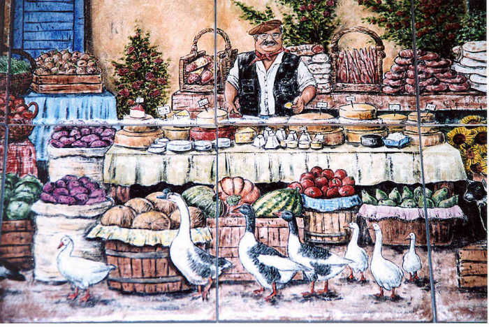 Provence Street Market backsplash tile mural. Vendor selling cheeses of Provence at market. Artist Julia Sweda.