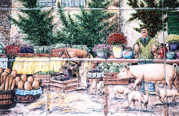 Provence Street Market backsplash tile mural. Man selling pigs, fruit and vegetable vendor. Artist Julia Sweda.
