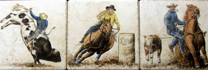 Color Rodeo Events Series 1, bull riding, cowgirl barrel racer, tie down roping, Hand painted tile art portraits by Julia Sweda.