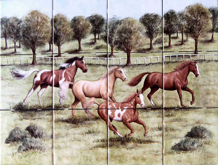 Fowlkes Family Oklahoma Ranch Horses, ranch horses running in large grassy pasture. Painted tile mural by Julia Sweda.