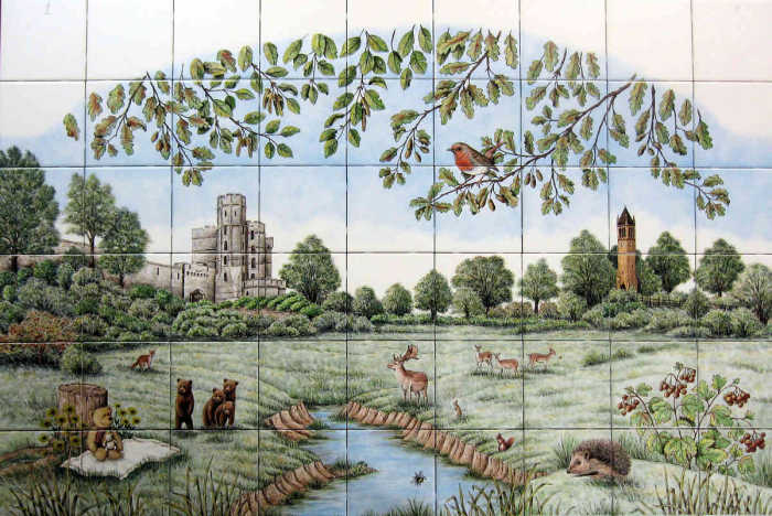 English Countryside British Teddies tile mural. All England architecture, scenic attractions, wildlife, teddies. Artist Julia Sweda.