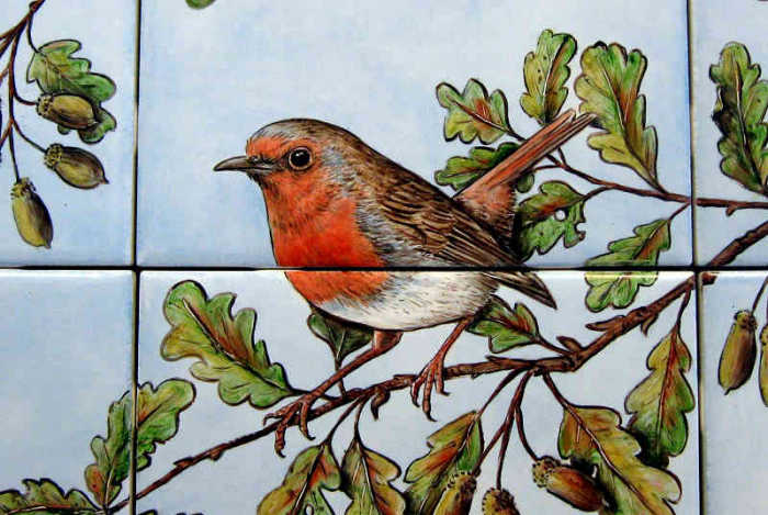 English Countryside British Teddies tile mural. England's national bird, the robin, detailed closeup. Artist Julia Sweda.