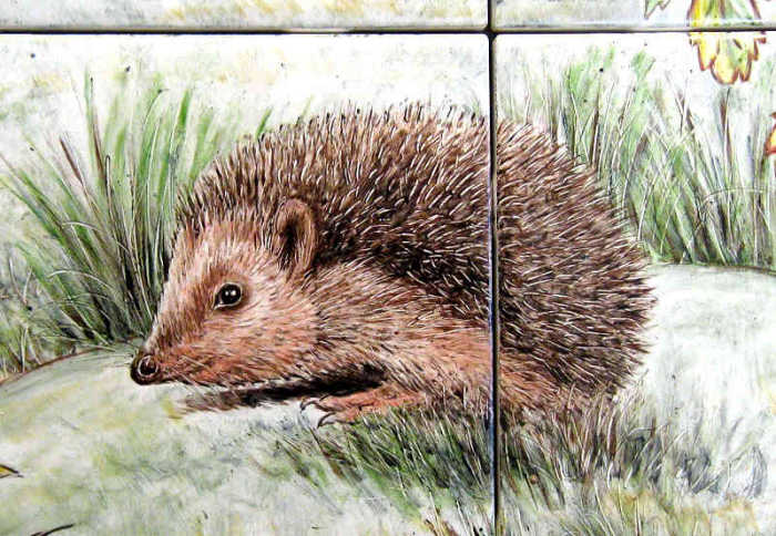English Countryside British Teddies tile mural. Adorable English-European hedgehog detailed closeup. Artist Julia Sweda.