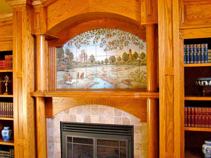 English Countryside British Teddies tile mural. Beautifully installed above a fireplace mantel. Artist Julia Sweda.
