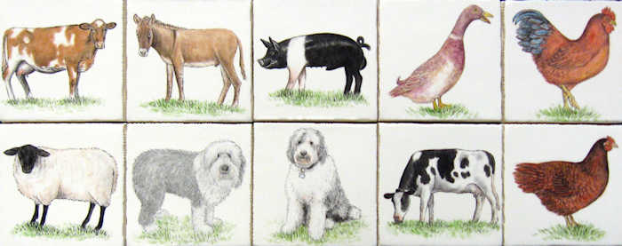 Ten various farm and barnyard animal tile art portraits including two Old English Sheepdogs. Artist Julia Sweda.