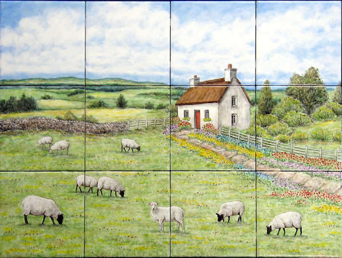 Scene of thatched-roof Irish cottage and farm set in lush grass pasture with various farm-barnyard animals.