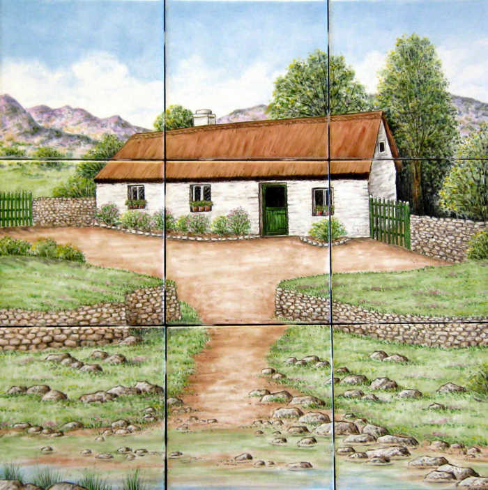 Tile art mural of whitewashed cottage with green trim, thatched roof, rock wall landscaping, typically found in the rurals of Ireland.