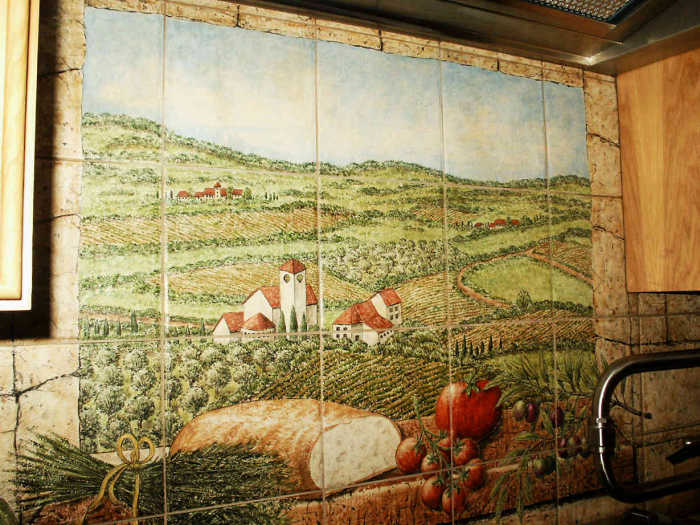 DiPace Kitchen Toscana Vista backsplash tile mural, large Tuscan views, vineyards, produce and foods.