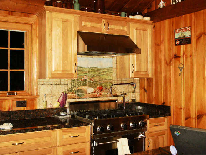 DiPace Kitchen Toscana Vista tile mural backsplash. Stone faux painting method on ceramic tiles. Artist Julia Sweda.